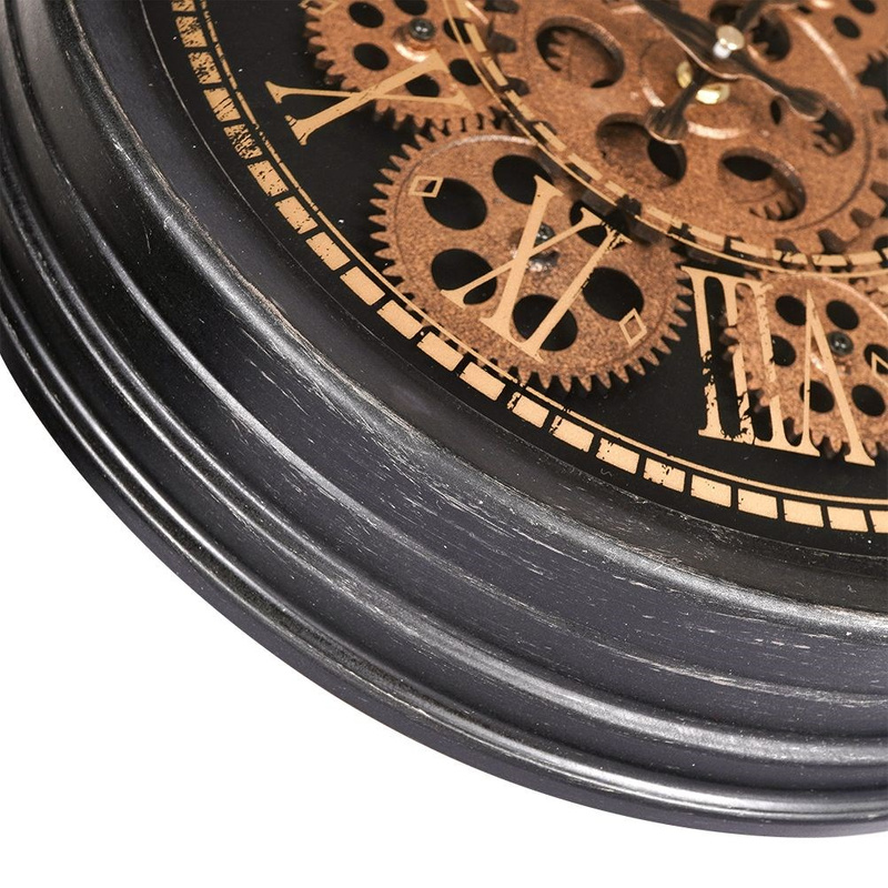 Wanduhr hängend industrielles Design rund mit Zahnradmechanismus Loft-Stil schwarz goldfarbene Elemente 35 cm