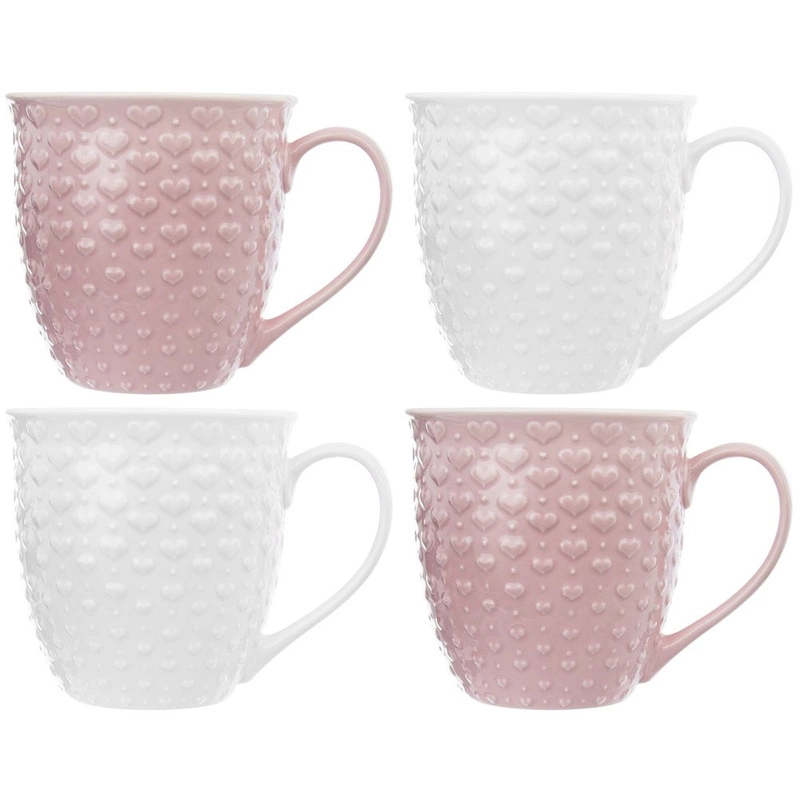 Keramikbecher Keramiktasse Kaffeebecher Teebecher mit Henkel rosa weiß mit Herzmuster 4x580 ml Set