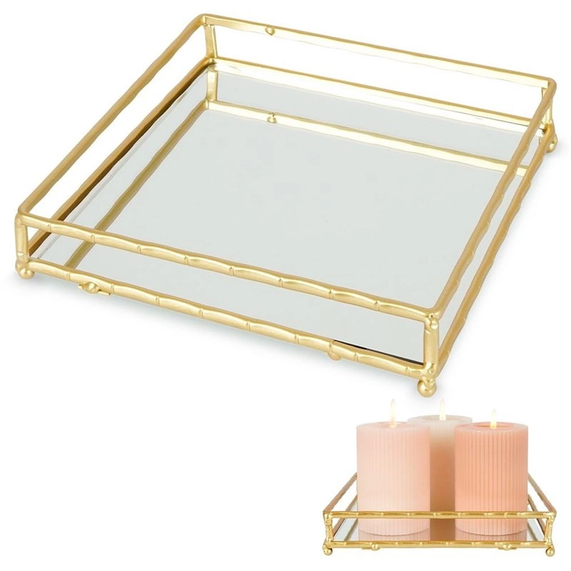 Quadratisches Spiegeltablett Deko-Tablett Tablett für Kerzen Metall golden / Ständer für Kerzen 20,5x20,5 cm