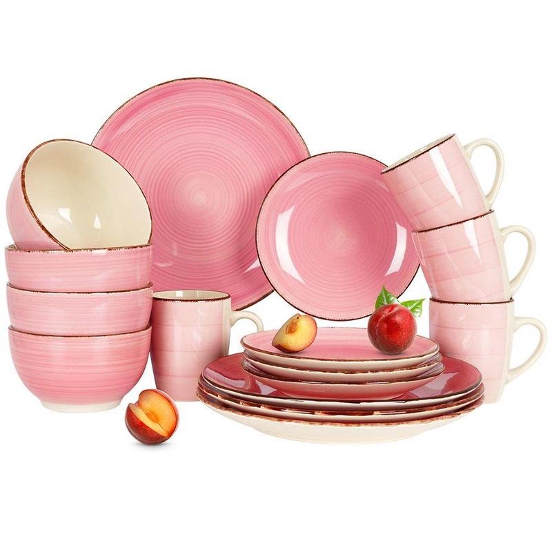 Tafelservice Geschirrset Suppenschüssel Essteller Dessertteller Trinkbecher 16-teilig rosa gestreift